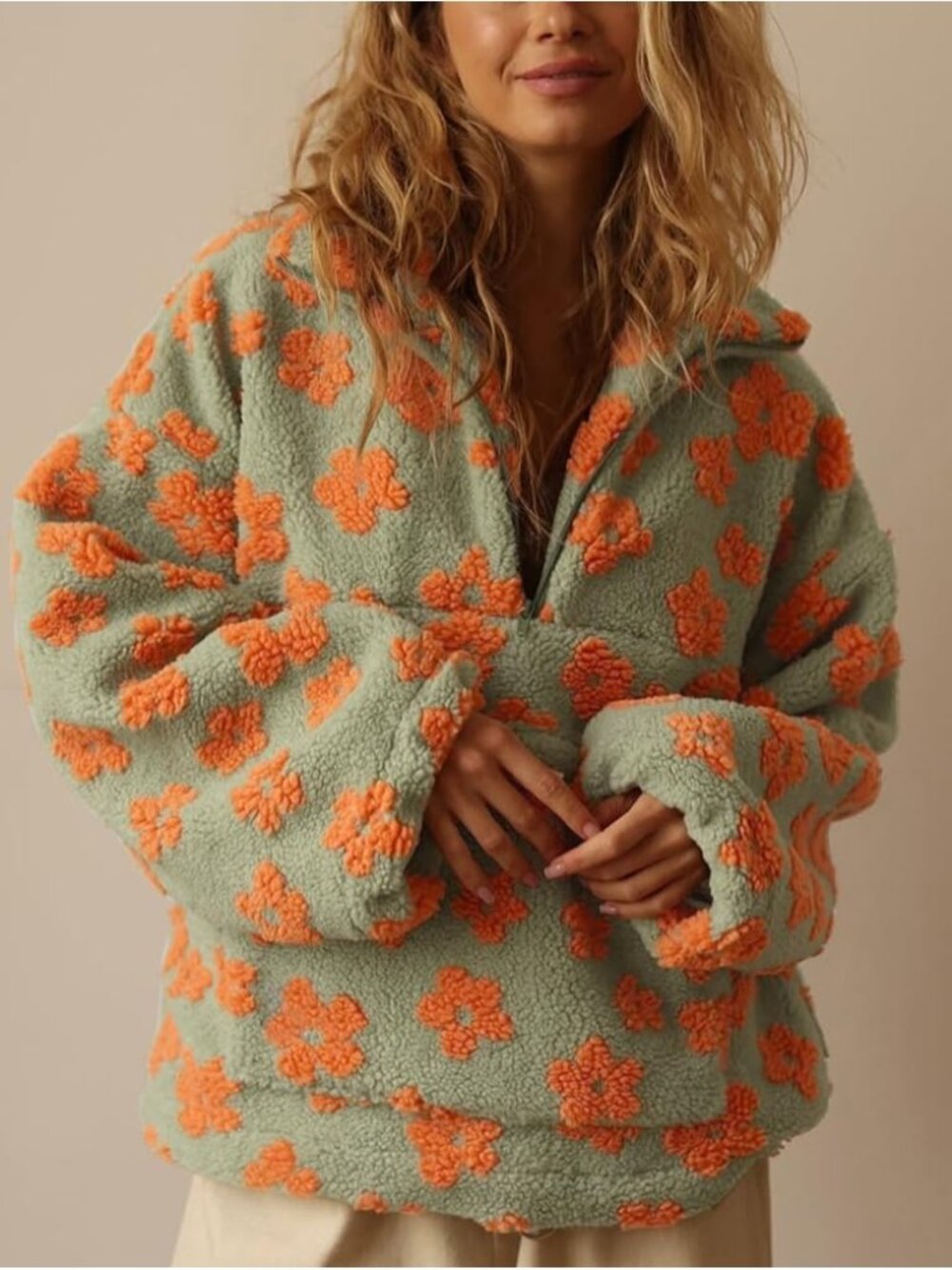Womens Green Orange Floral Faux Fur Fleece Pullover Y2k Sherpa ZIP Winter Jacket - Picture 2 of 4